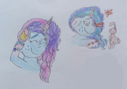 Size: 1067x749 | Tagged: safe, artist:starrscout-23, misty brightdawn, butterfly, pony, rabbit, unicorn, g5, animal, female, gradient mane, happy, headphones, mare, rebirth misty, traditional art