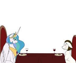 Size: 1500x1250 | Tagged: safe, artist:silverfox057, princess celestia, oc, oc:rough seas, alicorn, earth pony, pony, g4, alcohol, chair, food, glass, pasta, pizza, simple background, table, tablecloth, white background, wine, wine glass