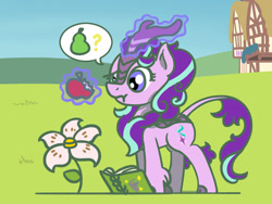 Size: 1800x1350 | Tagged: safe, artist:flutterluv, part of a set, starlight glimmer, kirin, g4, apple, atg 2023, book, eating, flower, food, kirin-ified, magic, newbie artist training grounds, pear, question mark, solo, species swap, speech bubble, telekinesis