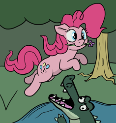 Size: 3768x3996 | Tagged: safe, artist:doodledonutart, pinkie pie, crocodile, earth pony, pony, g4, atg 2023, croc, female, flower, flower in mouth, forest, high res, jumping, mare, mouth hold, newbie artist training grounds, smiling, solo