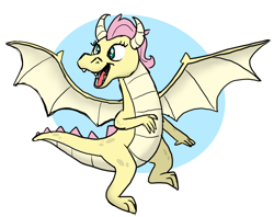 Size: 2516x1988 | Tagged: safe, artist:doodledonutart, fluttershy, dragon, g4, atg 2023, dragon wings, dragoness, dragonified, female, flutterdragon, high res, newbie artist training grounds, open mouth, open smile, simple background, smiling, solo, species swap, spread wings, white background, wings