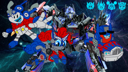 Size: 1191x671 | Tagged: safe, artist:fanvideogames, pinkie pie, bird, cardinal, earth pony, mouse, pony, g4, angry birds, angry birds transformers, crossover, female, male, mare, michael bay, mickey mouse, optimus prime, red bird, transformers