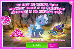 Size: 1957x1301 | Tagged: safe, gameloft, trixie, nightmare forces, g4, my little pony: magic princess, advertisement, cannon, costs real money, english, female, gem, horn, mobile game, nightmare creature, numbers, sale, solo, text