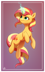 Size: 1200x1900 | Tagged: safe, artist:luminousdazzle, sunset shimmer, pony, unicorn, g4, female, floating, glowing, glowing horn, gradient background, horn, mare, raised hoof, smiling, solo
