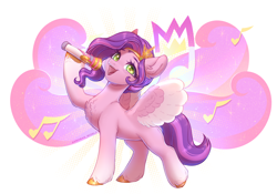 Size: 4000x2800 | Tagged: safe, artist:avroras_world, pipp petals, pegasus, pony, g5, abstract background, adorapipp, chest fluff, cute, cutie mark background, ear fluff, happy, high res, jewelry, microphone, music notes, singing, smiling, solo, spread wings, tiara, unshorn fetlocks, wings