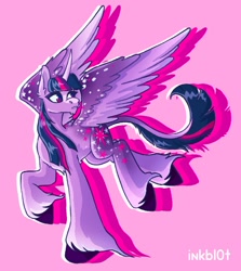 Size: 1234x1381 | Tagged: safe, artist:inkbl0t, twilight sparkle, alicorn, pony, g4, chest fluff, coat markings, colored hooves, colored wings, curved horn, dappled, horn, large cutie mark, multicolored tail, pink background, raised hoof, redesign, simple background, solo, spots, spread wings, tail, unshorn fetlocks, wings