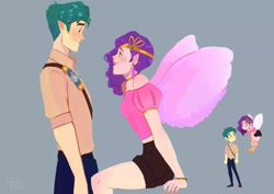 Size: 1080x764 | Tagged: safe, artist:heyo_duck, hitch trailblazer, pipp petals, human, g5, duo, duo male and female, elf ears, female, flying, gray background, humanized, light skin, looking at each other, looking at someone, male, ship:pitch, shipping, simple background, skinny pipp, spread wings, straight, winged humanization, wings