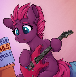 Size: 800x814 | Tagged: safe, artist:zeepheru_pone, fizzlepop berrytwist, tempest shadow, pony, unicorn, g4, atg 2023, book, broken horn, chest fluff, colored pupils, cute, ear fluff, electric guitar, female, gradient background, guitar, horn, ibanez, mare, musical instrument, newbie artist training grounds, open mouth, sitting, solo, tempestbetes