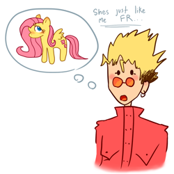 Size: 2000x2000 | Tagged: safe, artist:garfield-69, fluttershy, humanoid, pegasus, pony, g4, anime, blushing, crossover, cute, dialogue, female, high res, male, mare, shyabetes, simple background, solo, thought bubble, trigun, vash the stampede, white background