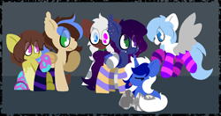 Size: 6150x3250 | Tagged: safe, artist:moonydusk, oc, oc only, oc:sapphire moonlight, oc:shadow twinkle, oc:silver heart, oc:snow flare, oc:snowy moonlight, oc:toffee creme, bat pony, earth pony, pegasus, pony, unicorn, clothes, femboy, male, socks, striped socks