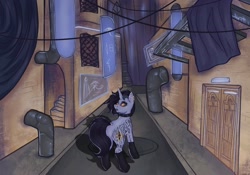 Size: 2388x1668 | Tagged: safe, artist:princeling, oc, oc:tansha, pony, unicorn, brick wall, clothes, collar, cyberpunk, door, ear piercing, egyptian, egyptian pony, female, mare, neon, piercing, pipe (plumbing), setting: neo somnambula, solo, stairs, stockings, tattoo, thigh highs