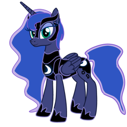 Size: 894x894 | Tagged: safe, artist:fanvideogames, princess luna, alicorn, pony, g4, armor, armored pony, body armor, concave belly, ethereal mane, ethereal tail, female, folded wings, helmet, hoof shoes, long mane, looking at you, mare, princess shoes, simple background, slender, smiling, smiling at you, solo, tail, thin, transparent background, wings