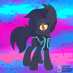 Size: 4000x4000 | Tagged: safe, artist:sweetstrokesstudios, oc, oc:tansha, pony, unicorn, clothes, collar, cyberpunk, ear piercing, female, glowing, glowing eyes, hieroglyphics, leotard, lip piercing, mare, piercing, setting: neo somnambula, shadow, solo, tattoo, variant