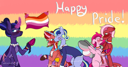 Size: 3800x2000 | Tagged: safe, artist:whimsicalseraph, oc, oc only, oc:blacklight bulb, oc:cherry turnover, oc:curlicue, oc:raspberry sorbet, oc:strawberry syrup, earth pony, pegasus, pony, unicorn, agender pride flag, bandana, bigender pride flag, bowtie, colored wings, concave belly, curved horn, demigirl pride flag, demiromantic pride flag, female, floppy ears, freckles, frog (hoof), gradient background, greysexual pride flag, high res, horn, incest, lesbian, lesbian pride flag, magic, missing cutie mark, physique difference, polyamory pride flag, pride, pride flag, pride month, pride ponies, rainbow background, round belly, spread wings, telekinesis, trans female, transgender, transgender pride flag, twincest, twins, underhoof, unshorn fetlocks, wings