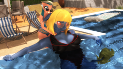 Size: 3840x2160 | Tagged: safe, artist:skyleesfm, somnambula, oc, oc:pietas lazuli, pegasus, sphinx, anthro, g4, 3d, clothes, egyptian, high res, size difference, source filmmaker, swimming pool, swimsuit