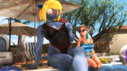 Size: 3840x2160 | Tagged: safe, artist:skyleesfm, somnambula, oc, oc:pietas lazuli, pegasus, sphinx, anthro, g4, 3d, clothes, egyptian, food, fruit, high res, ice cream, size difference, source filmmaker, sunglasses, sunscreen, swimming pool, swimsuit