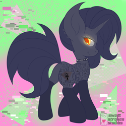 Size: 4000x4000 | Tagged: safe, artist:sweetstrokesstudios, oc, oc:tansha, pony, unicorn, clothes, collar, cyberpunk, ear piercing, female, glowing, glowing eyes, hieroglyphics, lip piercing, mare, piercing, setting: neo somnambula, socks, solo, stockings, tattoo, thigh highs, variant