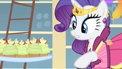 Size: 2160x1214 | Tagged: safe, screencap, rarity, pony, unicorn, a bird in the hoof, g4, season 1, alternate hairstyle, beautiful, clothes, cupcake, dress, food, formal wear, gala dress, gown, horn, jewelry, nervous, rarity's first gala dress, scared, solo, sugarcube corner, tiara, tray