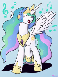 Size: 1500x1995 | Tagged: safe, artist:passionpanther, princess celestia, alicorn, pony, series:ponies with headphones, g4, cute, cutelestia, daaaaaaaaaaaw, eyes closed, gradient background, happy, headphones, music notes, open mouth, open smile, smiling, solo, spread wings, wings
