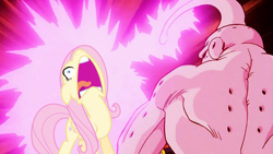 Size: 1366x768 | Tagged: safe, edit, edited screencap, screencap, fluttershy, pegasus, pony, g4, abuse, chichi, dragon ball, dragon ball z, female, flutterbuse, flutterscream, food transformation, magic, majin, majin boo, mare, reference, super boo, this will end in death, voice actor joke