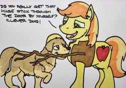 Size: 2048x1431 | Tagged: safe, artist:hoofclid, braeburn, oc, oc:albus, dog, earth pony, pony, g4, dialogue, duo, duo male, hat off, male, male oc, pet oc, petting, stallion, stick, traditional art