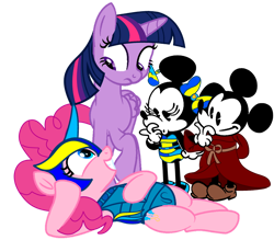 Size: 956x836 | Tagged: safe, artist:fanvideogames, pinkie pie, twilight sparkle, alicorn, pony, g4, armor, armored pony, crossover, disney, female, lying down, male, mickey mouse, minnie mouse, simple background, transparent background, twilight sparkle (alicorn)