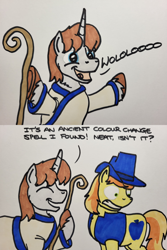 Size: 2048x3072 | Tagged: safe, artist:hoofclid, braeburn, oc, oc:hoofclid, earth pony, pony, unicorn, g4, age of empires, canon x oc, clothes, dialogue, duo, eyes closed, gay, gritted teeth, high res, looking back, male, open mouth, open smile, palette swap, recolor, robe, shipping, smiling, staff, stallion, teeth, traditional art, wololo