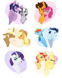 Size: 800x1000 | Tagged: safe, artist:anleeta, applejack, cheese sandwich, fluttershy, pinkie pie, rainbow dash, rarity, soarin', sunset shimmer, trenderhoof, twilight sparkle, zecora, alicorn, earth pony, pegasus, pony, unicorn, zebra, g4, bust, female, lesbian, male, mane six, mare, one of these things is not like the others, rarity is not amused, ship:cheesepie, ship:soarindash, ship:sunshyne, ship:twicora, shipping, simple background, stallion, straight, tongue out, trenderjack, twilight sparkle (alicorn), unamused, white background