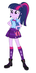 Size: 1920x3840 | Tagged: safe, artist:invisibleink, edit, twilight sparkle, alicorn, human, equestria girls, g4, my little pony equestria girls: better together, backpack, boots, bowtie, clothes, crystal necklace, cutie mark on clothes, eyebrows, female, geode of telekinesis, hand on hip, high res, magical geodes, pleated skirt, ponytail, shoes, simple background, skirt, smiling, socks, solo, transparent background, twilight sparkle (alicorn)