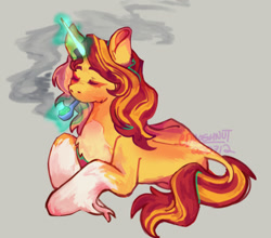 Size: 1280x1127 | Tagged: safe, artist:duoghnut, sunset shimmer, pony, unicorn, g4, eyes closed, female, gray background, leonine tail, lying down, magic, mare, prone, simple background, smoking, solo, tail, unshorn fetlocks