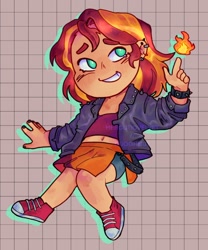 Size: 1280x1540 | Tagged: safe, artist:duoghnut, sunset shimmer, human, equestria girls, g4, clothes, fiery shimmer, fire, jacket, leather, leather jacket, skirt, smiling, solo, spats, spiked wristband, wristband