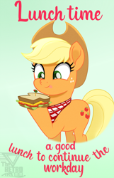 Size: 1150x1788 | Tagged: safe, artist:theretroart88, part of a set, applejack, earth pony, pony, g4, applejack's hat, cowboy hat, cute, eating, female, food, freckles, gradient background, green background, hat, herbivore, jackabetes, mare, movie accurate, sandwich, signature, simple background, solo, text, tongue out