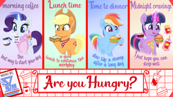 Size: 5120x2880 | Tagged: safe, artist:theretroart88, part of a set, applejack, rainbow dash, rarity, twilight sparkle, alicorn, earth pony, pegasus, pony, unicorn, g4, bathrobe, blowing, bread, burger, cake, cheek bulge, clothes, coffee, coffee mug, coffee pot, croissant, cup, cute, dashabetes, diamond, drink, drinking, eating, english, female, folded wings, food, freckles, glowing, glowing horn, gradient background, green background, hay burger, herbivore, horn, jackabetes, levitation, looking down, magic, magic aura, mare, movie accurate, mug, pizza, plate, poster, raribetes, robe, sandwich, signature, steam, telekinesis, text, tongue out, twiabetes, twilight burgkle, twilight sparkle (alicorn), veggie sandwich, wall of tags, wallpaper, wing hands, wing hold, wings