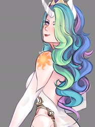 Size: 1536x2048 | Tagged: safe, artist:suracao, princess celestia, human, g4, alternative cutie mark placement, backless, breasts, busty princess celestia, clothes, dress, eared humanization, evening gloves, eye clipping through hair, eyebrows, eyebrows visible through hair, female, gloves, gray background, hair over one eye, horn, horned humanization, humanized, lipstick, long gloves, looking at you, looking back, looking back at you, rear view, shoulder cutie mark, sideboob, simple background, smiling, smiling at you, solo