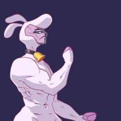 Size: 1280x1280 | Tagged: safe, artist:hotkoin, pom (tfh), sheep, semi-anthro, them's fightin' herds, abs, arm hooves, bell, biceps, buff, cloven hooves, community related, female, masculine, muscles, muscular female, purple background, simple background, solo