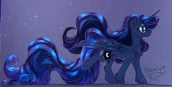 Size: 4140x2107 | Tagged: safe, artist:jsunlight, princess luna, alicorn, pony, g4, chest fluff, colored, concave belly, eyelashes, female, flowing mane, flowing tail, impossibly long tail, large wings, leg fluff, long mane, long tail, looking forward, mare, paper background, quadrupedal, side view, signature, slender, solo, starry background, stars, tail, thin, traditional art, walking, wings