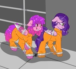 Size: 2034x1844 | Tagged: safe, artist:honeyofpeaches, pipp petals, ruby jubilee, pegasus, pony, g5, bound wings, clothes, commissioner:rainbowdash69, cuffed, cuffs, grin, jumpsuit, nervous, nervous smile, never doubt rainbowdash69's involvement, prison outfit, prisoner, prisoner pipp, prisoner rj, sad, shackles, smiling, wing cuffs, wings