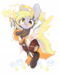 Size: 1608x2048 | Tagged: safe, artist:bubbletea, derpy hooves, pegasus, pony, g4, alternate hairstyle, beanbrows, clothes, cosplay, costume, cute, derpabetes, eyebrows, eyebrows visible through hair, female, heart, heart eyes, hoof hold, mare, mercy, open mouth, open smile, overwatch, ponytail, simple background, smiling, solo, spread wings, staff, white background, wingding eyes, wings