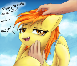 Size: 2000x1700 | Tagged: safe, artist:andromailus, spitfire, human, pegasus, pony, g4, cloud, female, human on pony petting, lidded eyes, mare, offscreen character, offscreen human, petting, scratching, sky, smiling, speech bubble