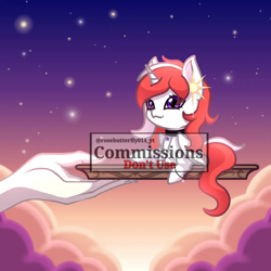 Size: 1000x1000 | Tagged: safe, artist:rosebutterfly014, alicorn, pony, chibi, commission, light skin, obtrusive watermark, purple eyes, red hair, sun, sunset, watermark, ych result