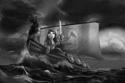 Size: 1500x1000 | Tagged: safe, artist:andromailus, oc, oc only, oc:nordpone, earth pony, pony, cloud, drakkar, female, looking up, mare, monochrome, ocean, sky, smiling, solo, sword, viking, water, weapon
