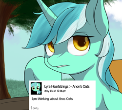 Size: 1100x1000 | Tagged: safe, artist:andromailus, lyra heartstrings, pony, unicorn, g4, bench, female, hoof on chin, i;m thinking about thos beans, implied anon, lip bite, looking away, mare, solo, that pony sure does love oats, thinking, tree