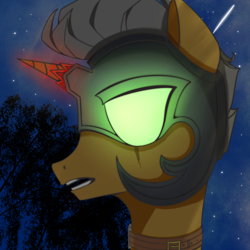 Size: 2048x2048 | Tagged: safe, artist:eastvodka, oc, oc:vodka, pony, unicorn, choker, dark background, green eyes, head, helmet, high res, night, solo