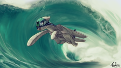 Size: 1920x1080 | Tagged: safe, artist:andromailus, oc, oc only, original species, plane pony, f-14 tomcat, female, flying, jet, jet fighter, jet plane, mare, ocean, open mouth, open smile, plane, signature, smiling, solo, top gun, water, wave