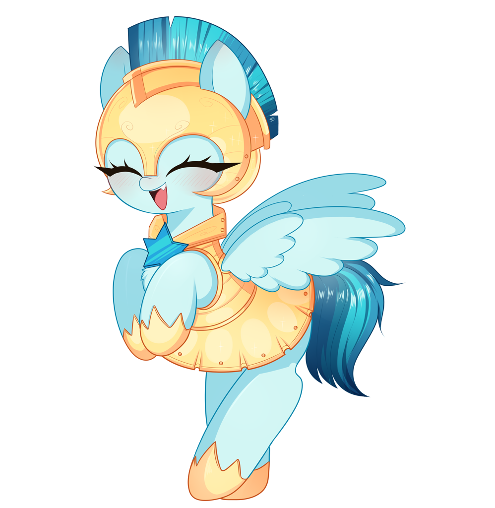 [armor,bipedal,blushing,commission,cute,eyes closed,female,mare,pegasus,pony,royal guard,safe,simple background,solo,white background,guardsmare,^^,guardian angel (g4),artist:arwencuack]