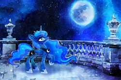 Size: 1910x1262 | Tagged: safe, artist:cianae, princess luna, alicorn, pony, g4, balcony, female, looking up, mare, moon, raised hoof, solo, speedpaint available