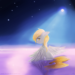 Size: 5000x5000 | Tagged: safe, artist:chokico, derpy hooves, pegasus, pony, g4, absurd resolution, crying, female, looking at you, looking back, looking back at you, mare, moonlight, pond, sad, sitting, solo, spread wings, stars, water, wings