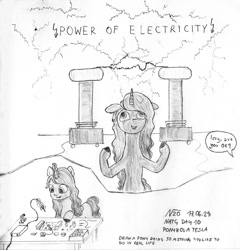 Size: 1923x2000 | Tagged: safe, artist:adamv20, izzy moonbow, pony, unicorn, g5, adorabolical, atg 2023, cute, electricity, electronics, female, grayscale, insanity, izzybetes, lightning, mare, monochrome, newbie artist training grounds, soldering iron, solo, tesla coil, traditional art