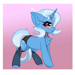 Size: 2000x2000 | Tagged: safe, artist:jubyskylines, trixie, pony, unicorn, g4, big ears, blushing, chest fluff, clothes, female, gradient background, high res, mare, panties, solo, stockings, thigh highs, underwear