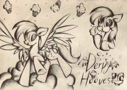 Size: 3443x2429 | Tagged: safe, artist:lydia, derpy hooves, pegasus, pony, g4, bubble, cloud, cute, eating, flying, food, high res, monochrome, muffin, on a cloud, pencil drawing, sketch, sky, solo, spread wings, that pony sure does love muffins, traditional art, wings
